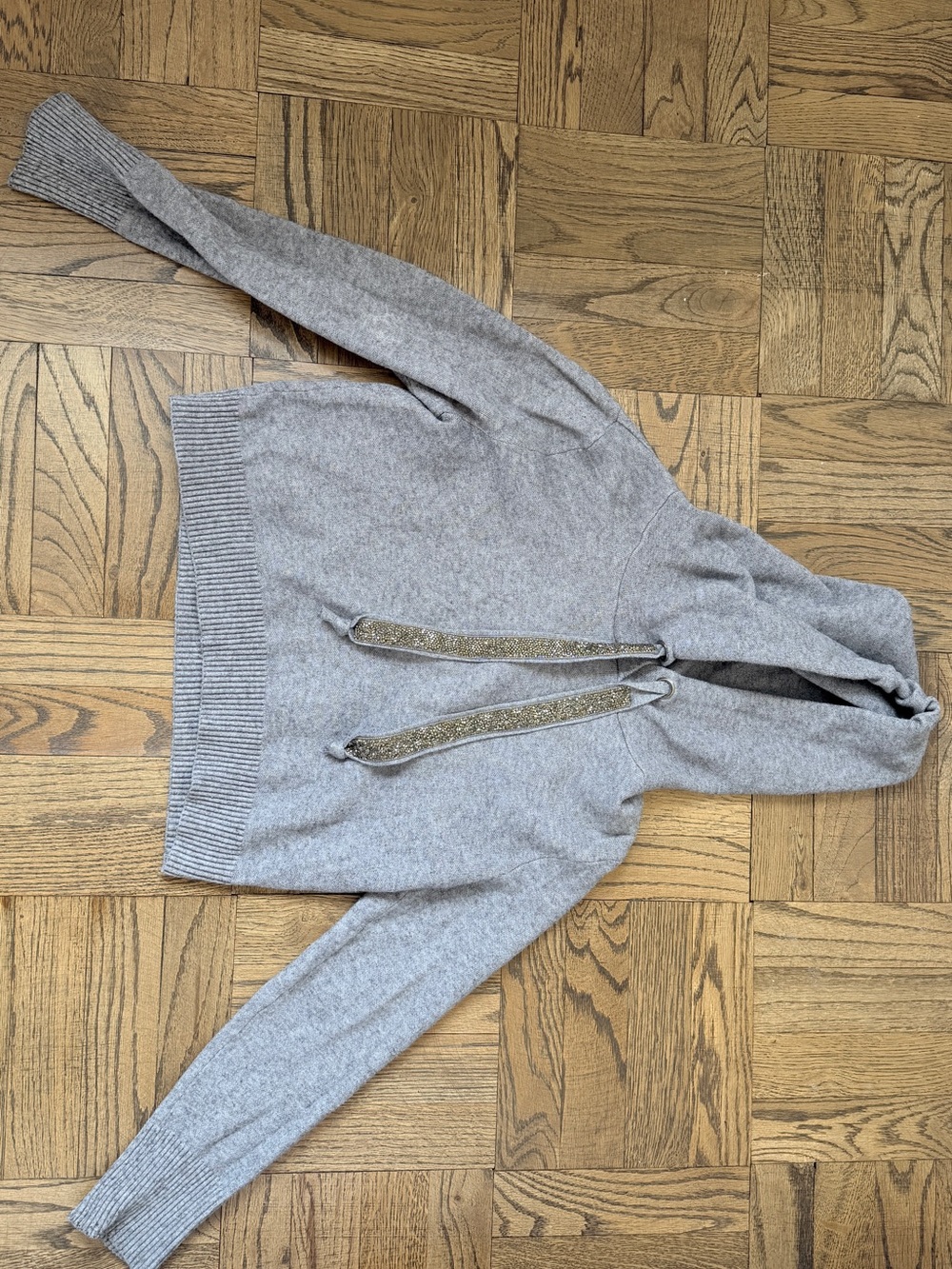 Zara Light Gray Hooded Knit Sweater with Glitter Drawstrings